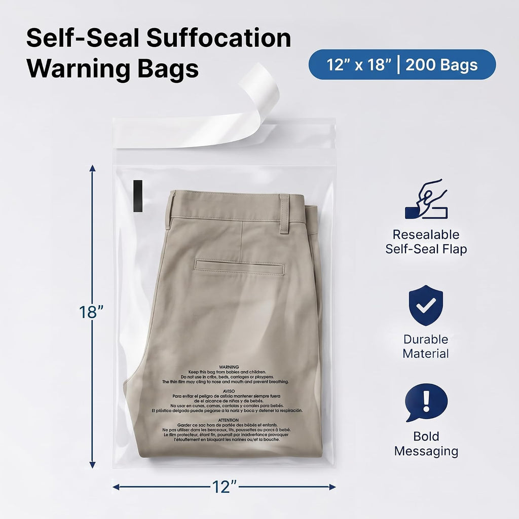 12” X 18” (200 Count) Self Seal Clear Poly Bags with Suffocation Warning