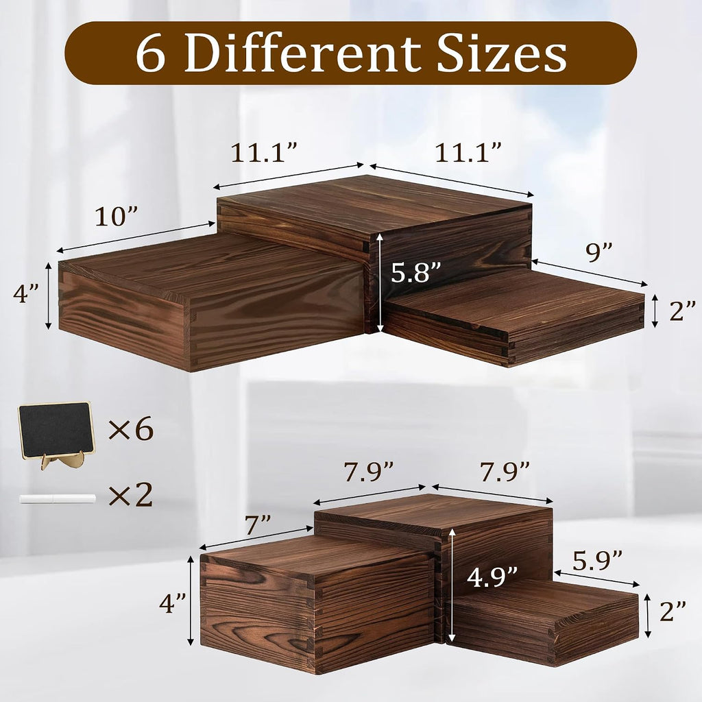 6-Pack Wood Risers Display Stands, Multi-Height Food Risers for Buffet Table, Rustic Wooden Cake & Cupcake Stands for