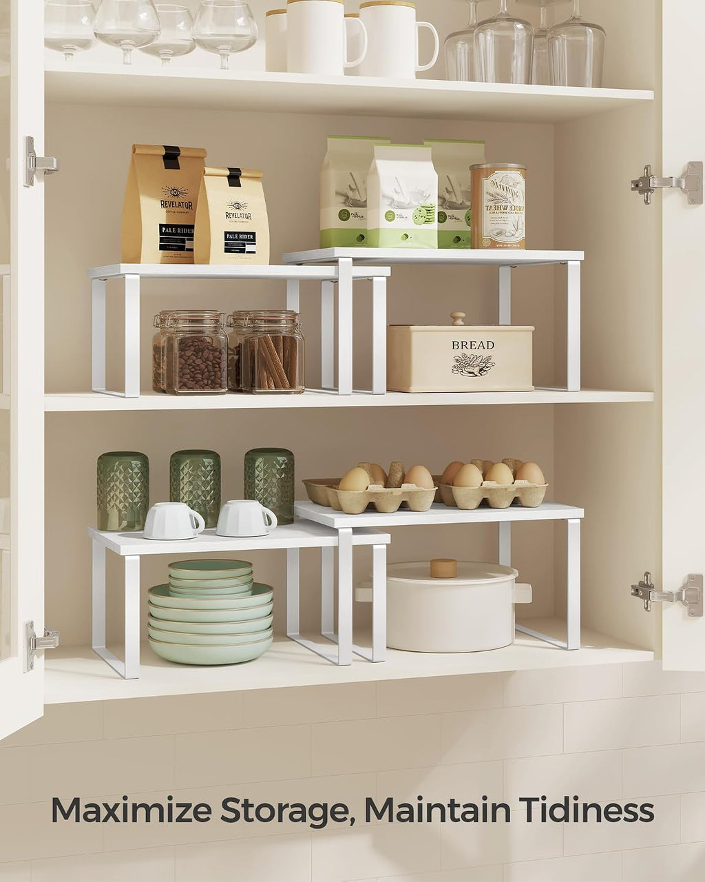 SONGMICS Cabinet Organizer Shelf, Set of 4 Kitchen Counter Shelves, Kitchen Storage, Spice Rack, Stackable
