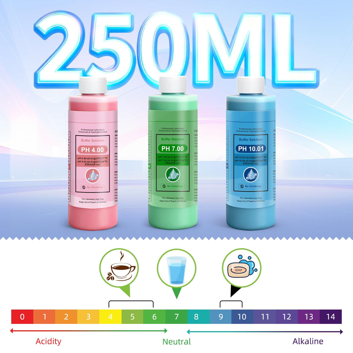 pH Calibration Buffer Solution Kit (pH 4.00, 7.00 & 10.01), and 3M pH Probe Storage Solution for pH/ORP Electrodes