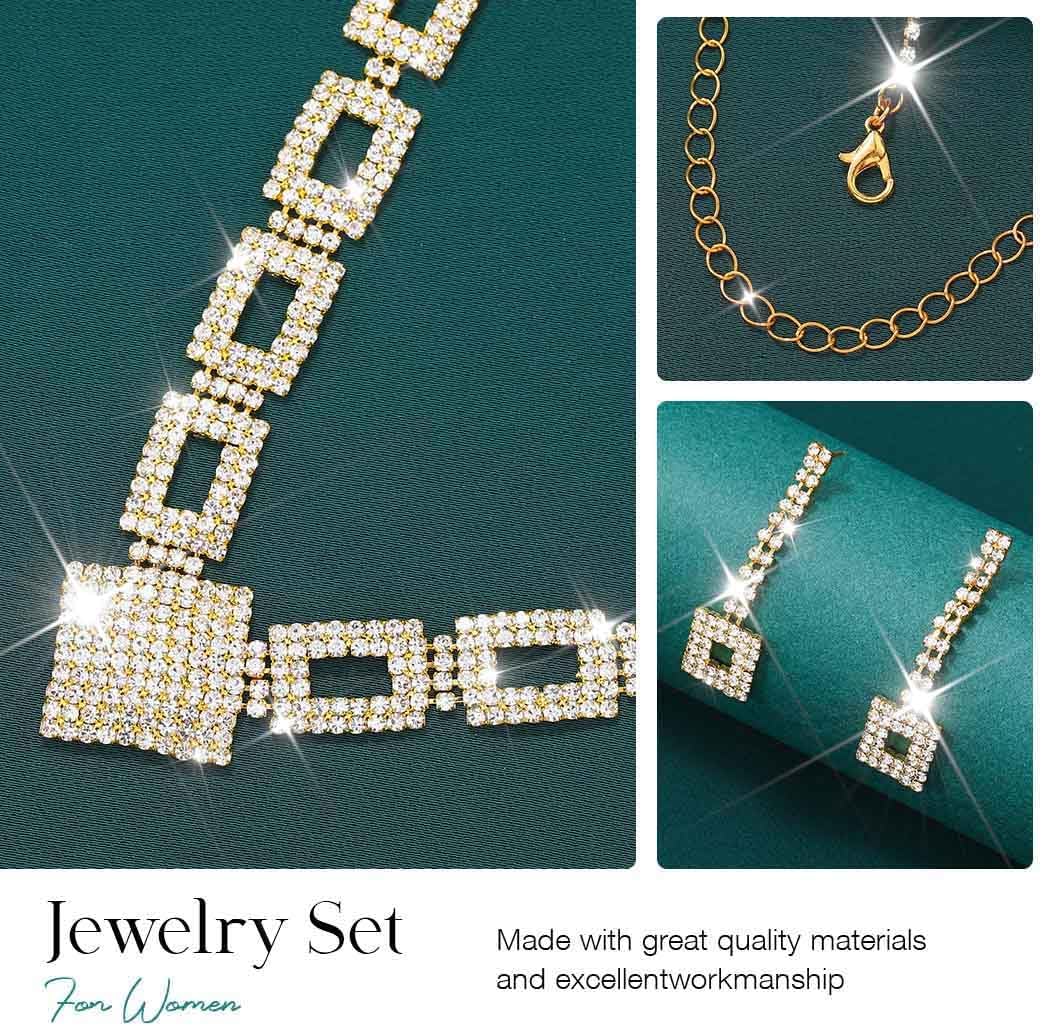 Crystal Bridal Wedding Jewelry Set Silver Rhinestone Necklace Earrings Sets Formal Costume Jewelry for Women and Brides