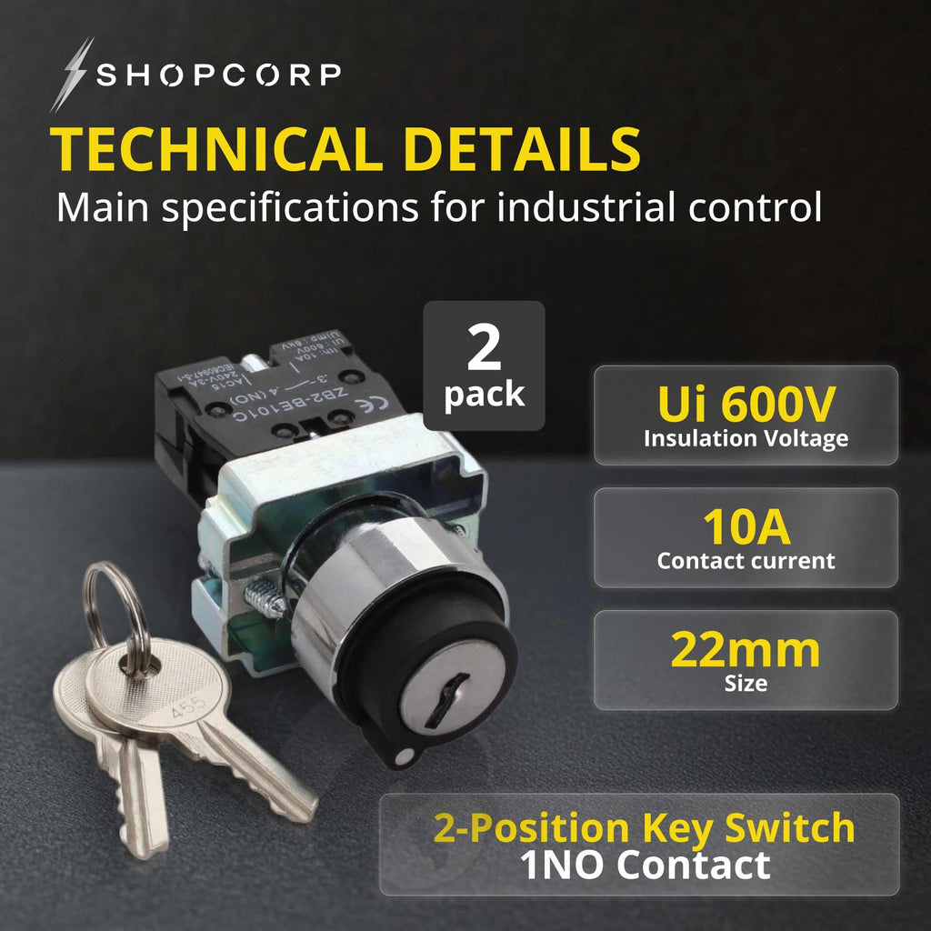Shopcorp 2 Position Rotary Key Switch, Maintained 22mm Selector, 2 Pack