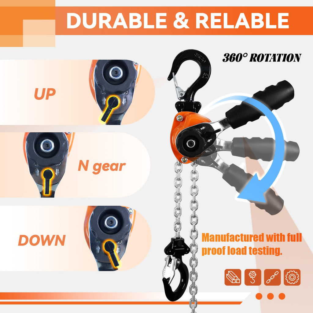 Mini Lever Chain Hoist 1/4 Ton - 550lbs Capacity, 10ft Lift, Safety Hooks - Portable Manual Hoist for Garages