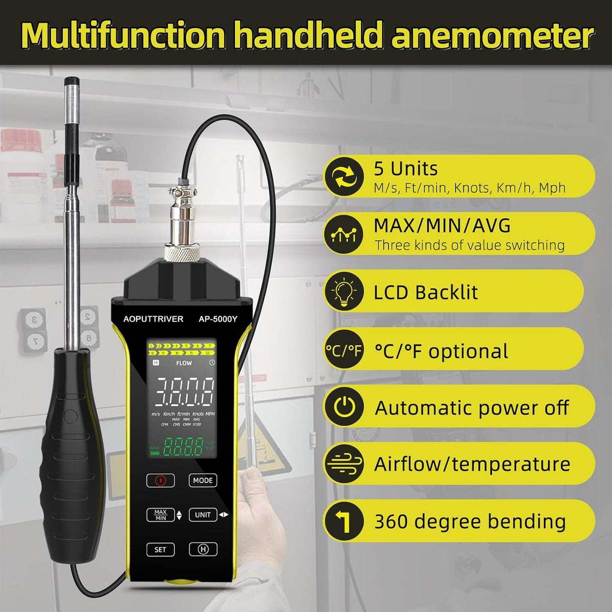 Hot Wire Anemometer HVAC Air Flow Velocity Meter Measuring 0.1-30m/s