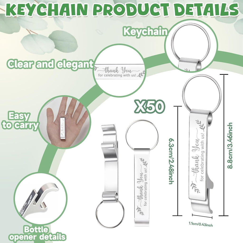50 Sets Wedding Favors: Bottle Opener Keychains, Thank You Cards & Organza Bags for Guests