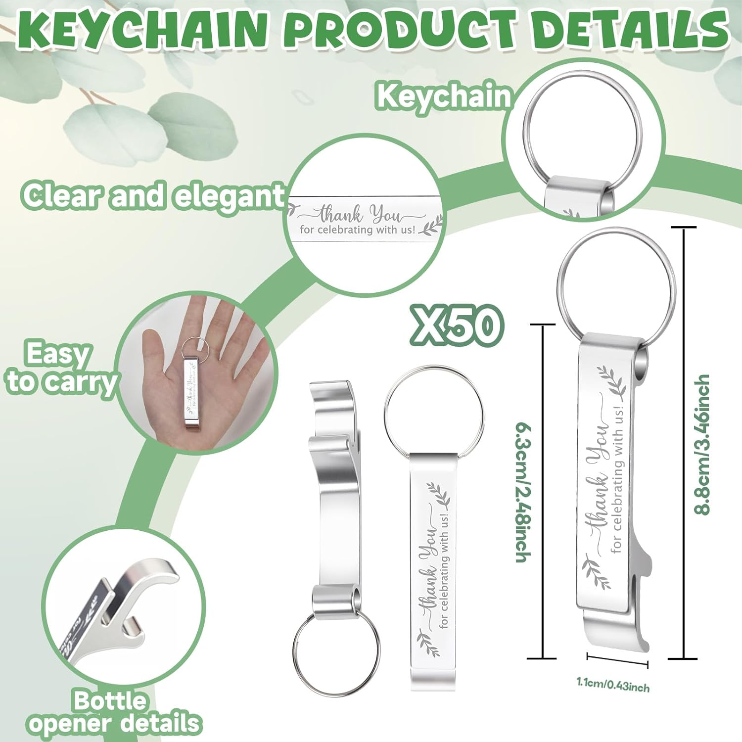 50 Sets Wedding Favors: Bottle Opener Keychains, Thank You Cards & Organza Bags for Guests