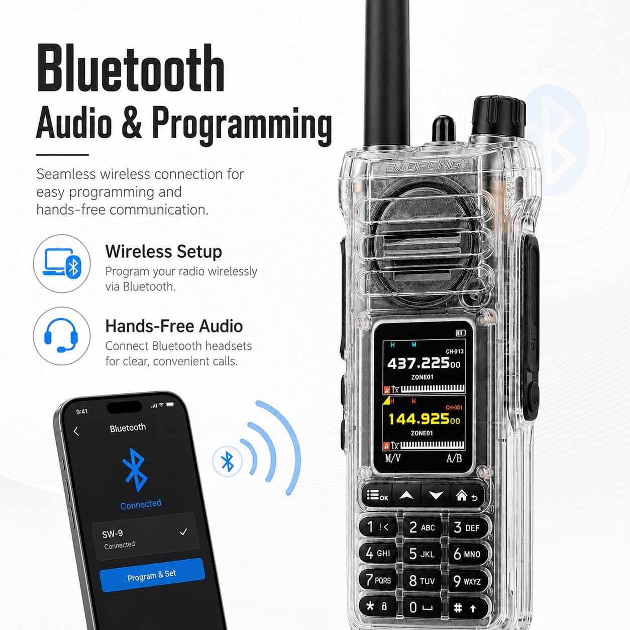 SW-9 Transparent Dual Band Handheld Ham Radio, VHF UHF | NOAA Weather, Bluetooth App Programming, Two Way Radio, Air