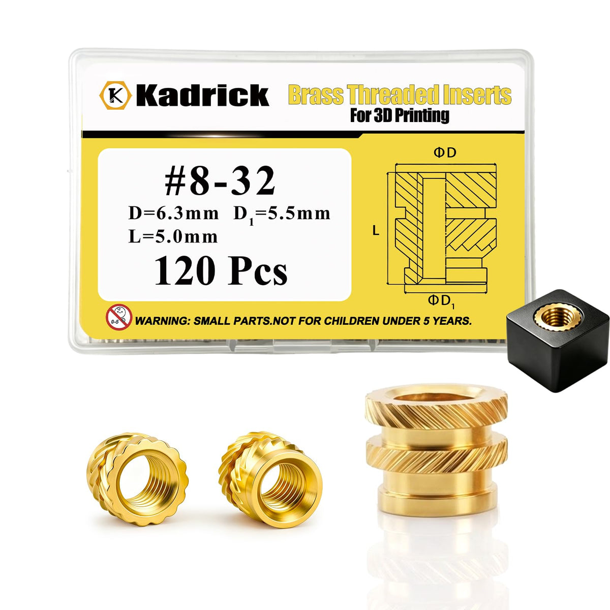120Pcs #8-32 * 5 * 6.3 Threaded Inserts, #8-32 Heat Set Inserts, Brass Heat Set Insert for Plastic and 3D Printing Components