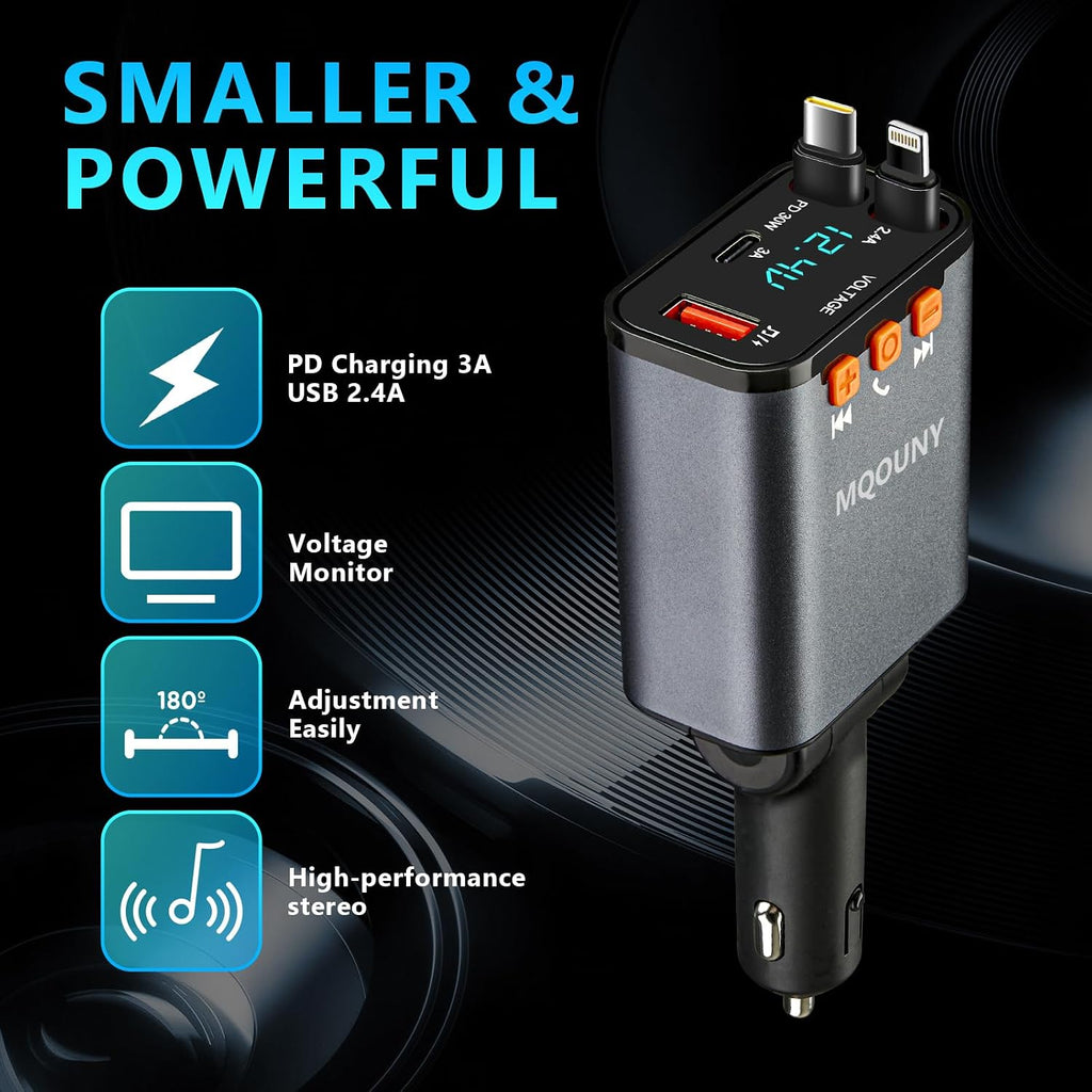 Retractable Car Charger,5 in 1 Fast Cars Phone Charger 60w,Bluetooth 5.3 FM Transmitter Adapter,Handsfree Call,MP3