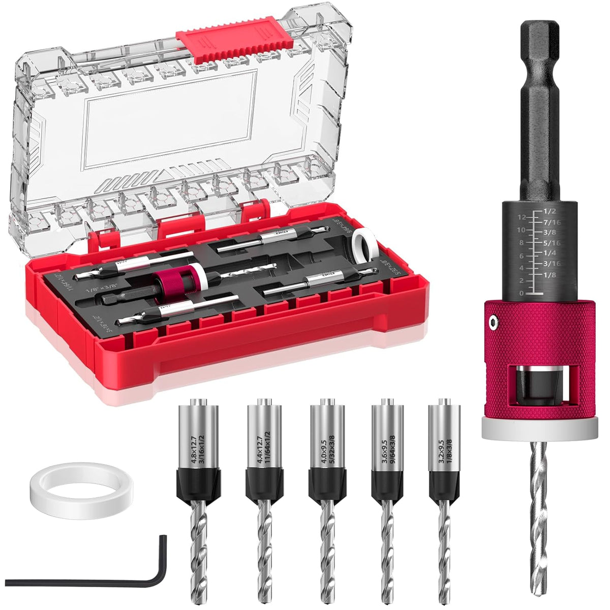 BURMONG 5-Piece Countersink Drill Bit Set with Adjustable Depth Stop, 1/4" Hex Shank Quick Change Drilling Tool Kit, 82° Woodworking Chamfer Bits for Wood, Plywood, MDF, Plastic