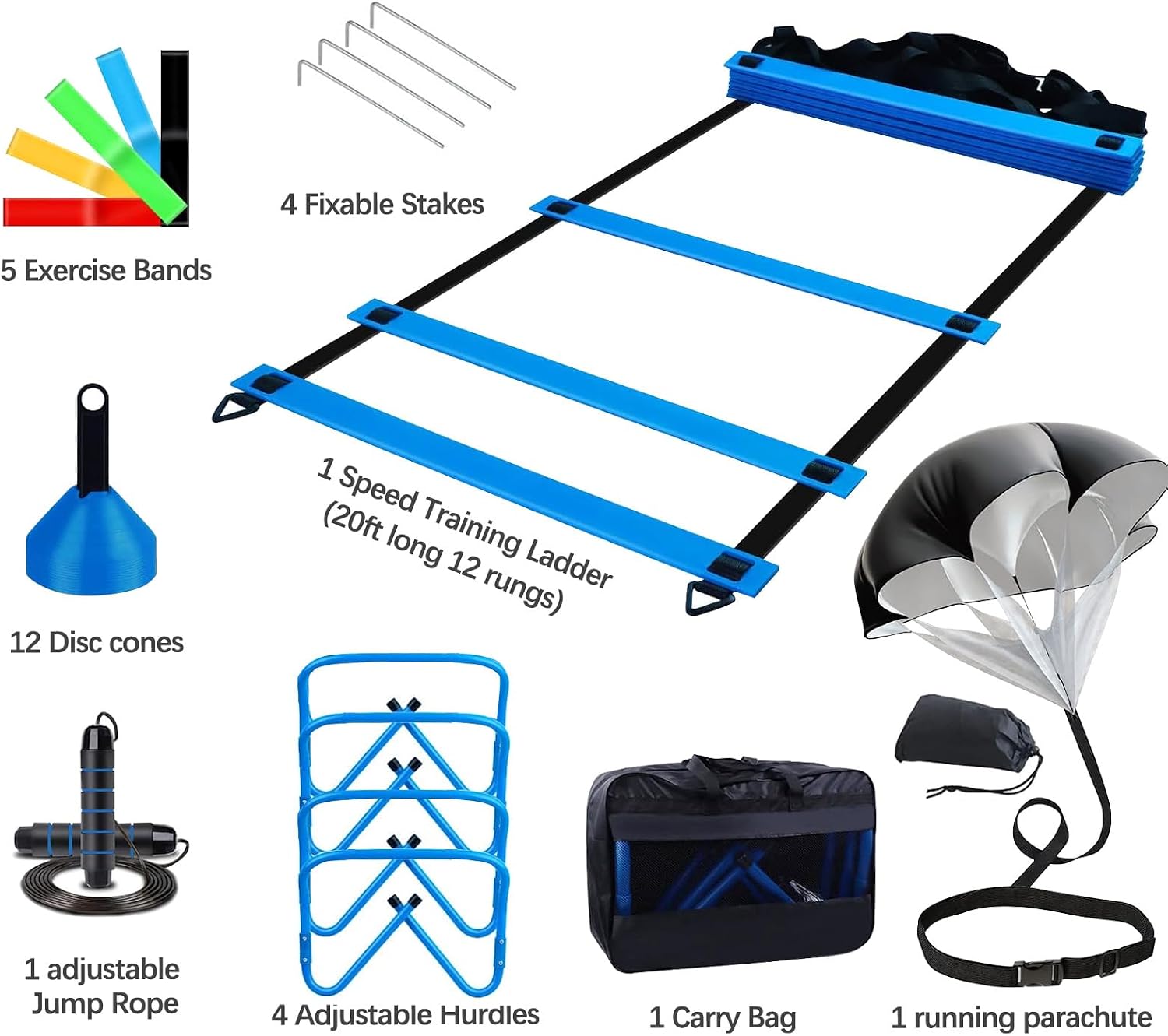 Agility Training Equipment, Football Training Equipment Includes 20FT Agility Ladder,4 Adjustable Agility Hurdles, 12