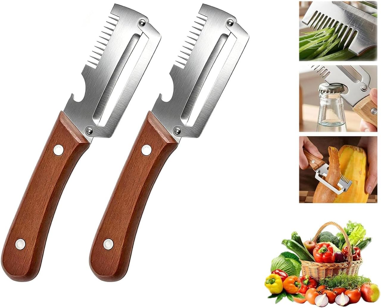 2026 Upgrade Multi-Functional Vegetable Peeler, 3 in 1 Multi Functional Wooden Handle Peeler and Bottle Opener