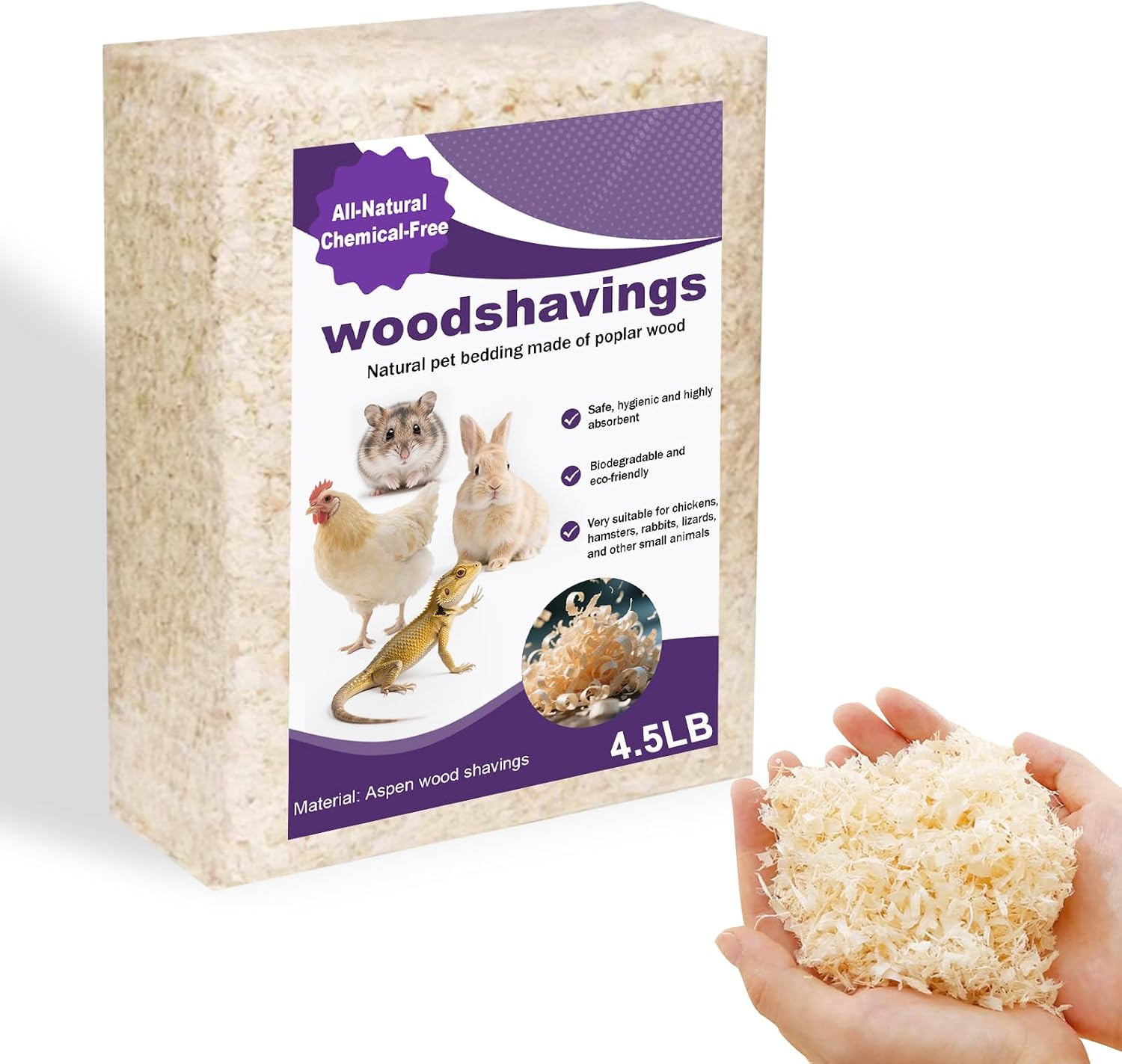Natural Aspen Shavings Pet Bedding, 4.5 lb,for Small Animals | Low-dust, ultra-absorbent aspen bedding with no added