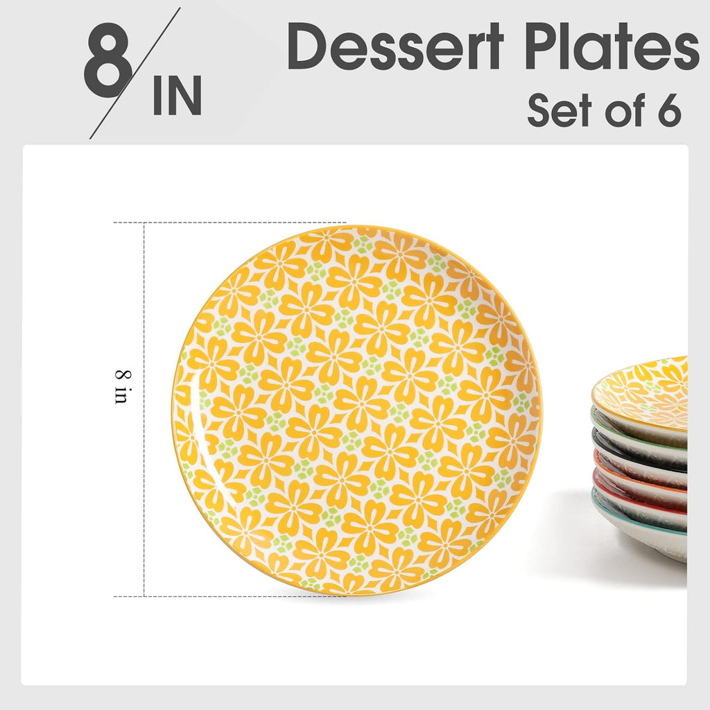 Ceramic Salad Plates Set of 6, 8 Inch Colorful Dessert Plates