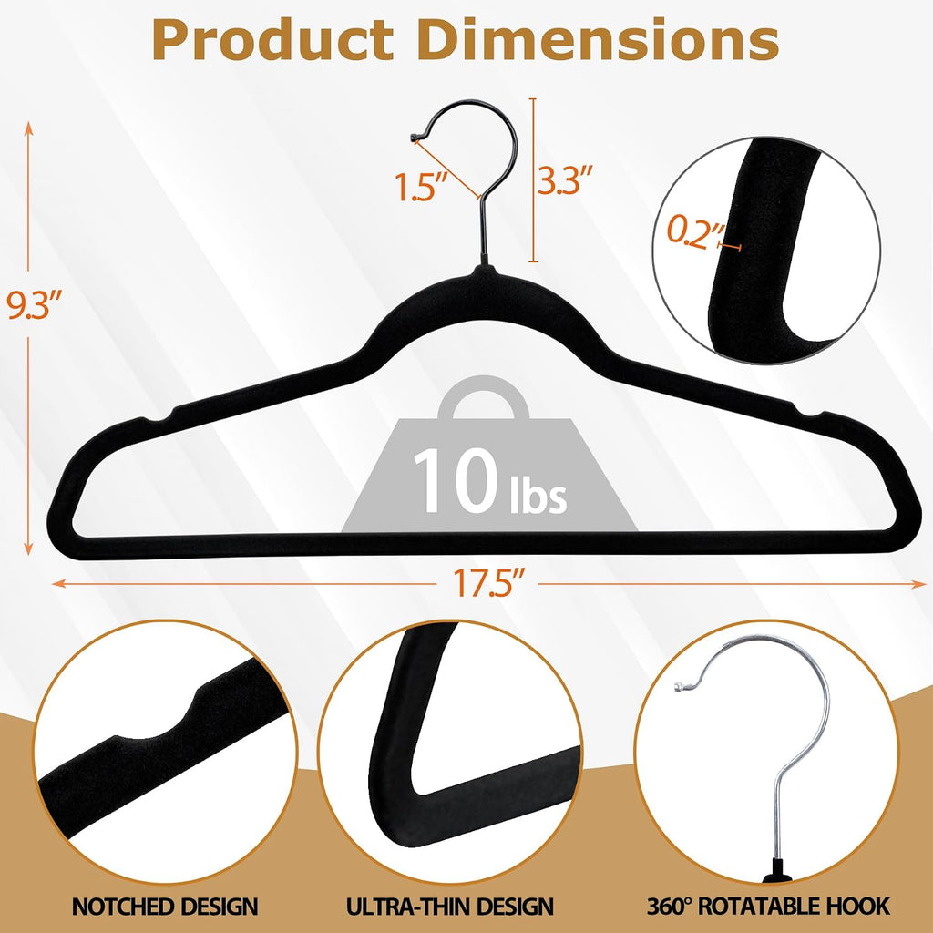 100 Velvet Hangers - Space Saving, Non-Slip with Rotating Hooks & Pants Bar | Ultra Slim Closet Organizer for Coats