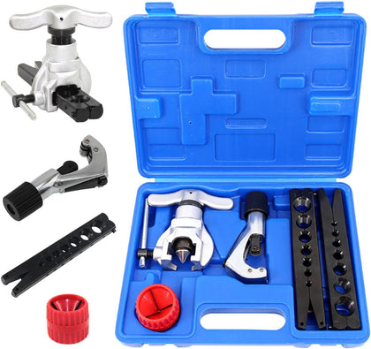 Flaring Tool Kit 3/16”-3/4” and 5-19mm, Single 45° 7 Dies Eccentric Tubing Flare Tool with Clutch Deburring Tool