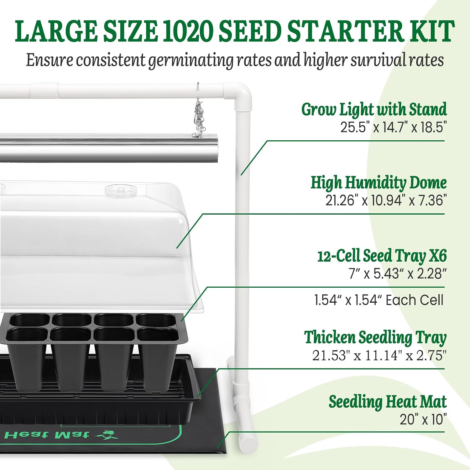 1020 Size Seed Starter Kit with Grow Light and Heat Mat | 7" Humidity Dome, 6x12 Cell Seed Starter Tray