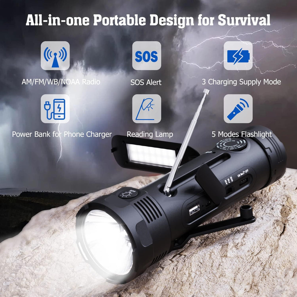 NOAA Emergency Weather Radio, Portable Solar Hand Crank Flashlight Radio | AM FM Battery Powered Radio with NOAA