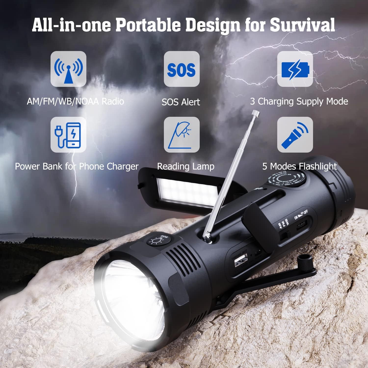 NOAA Emergency Weather Radio, Portable Solar Hand Crank Flashlight Radio | AM FM Battery Powered Radio with NOAA