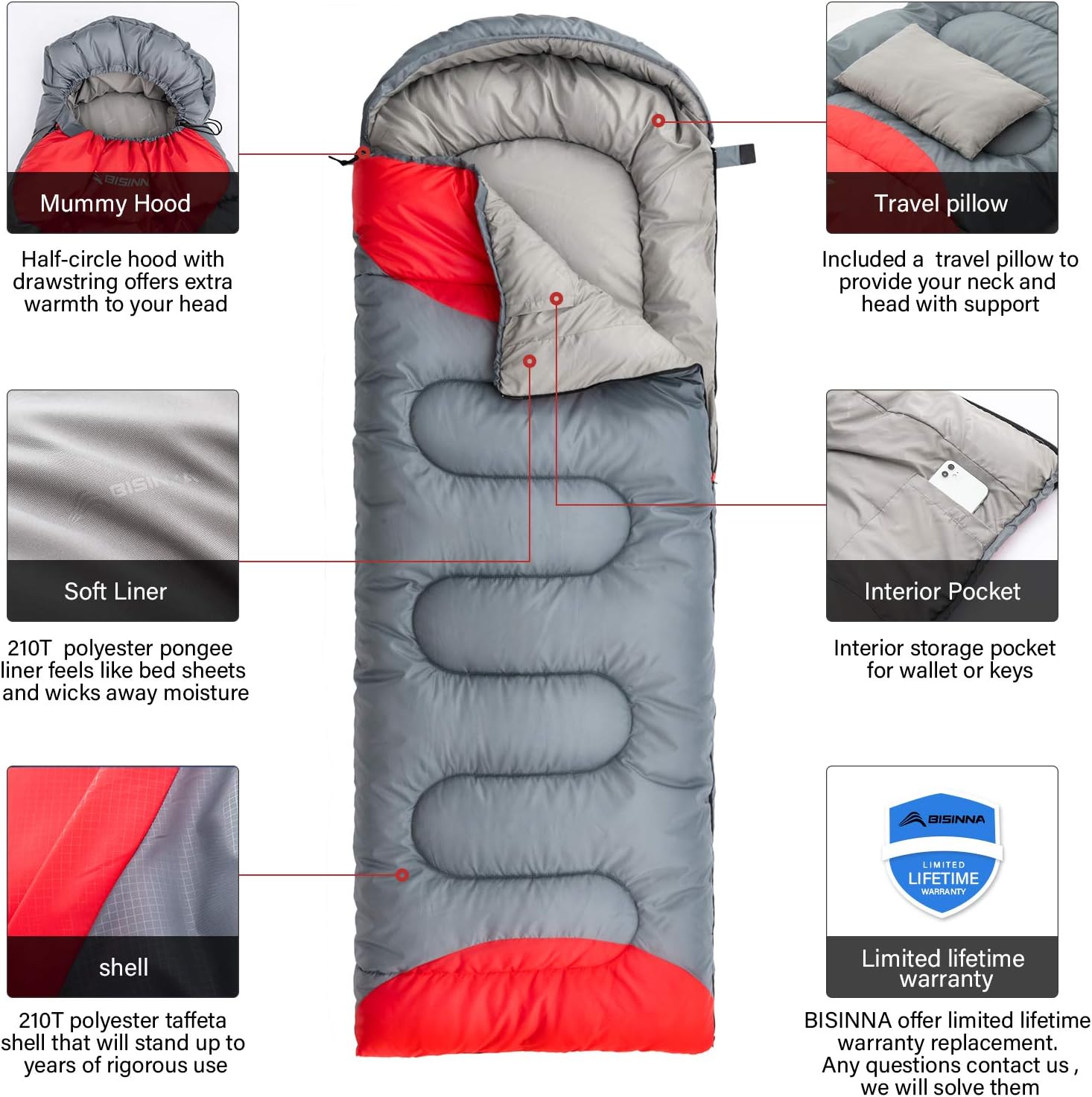 Sleeping Bag with Pillow - 4 Season Backpacking Sleeping Bag Lightweight Waterproof Warm and Washable for Adults