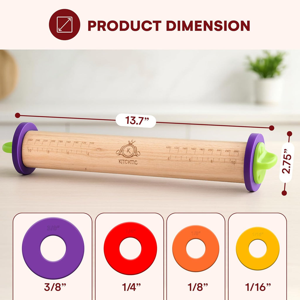 Rolling Pin with Thickness Rings - Adjustable Wooden Rolling Pin - Baking Essential and Roller Tool - Consistent