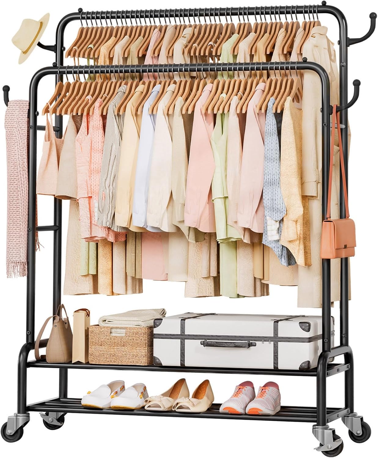 Sturdy Garment Rack for Bedroom: 265 lbs Heavy Duty Clothes Organizer | 2 Hanging Rods Hold Coat to T-Shirt - Easy