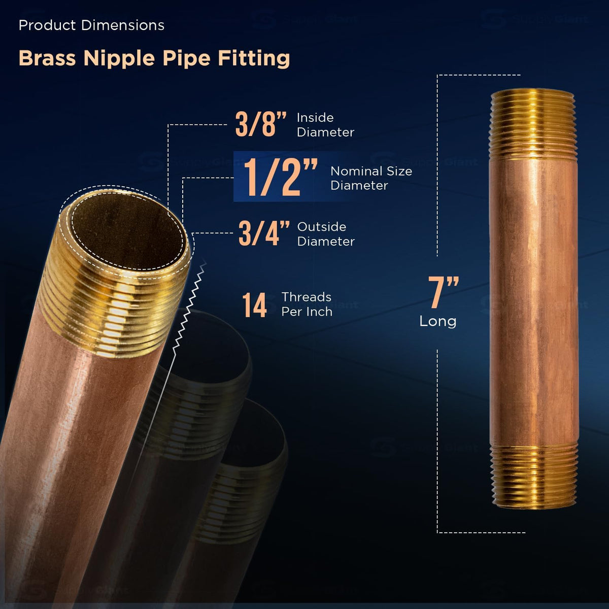 7" Long Brass Nipple Pipe Fitting with 1/2" Nominal Diameter and NPT Ends