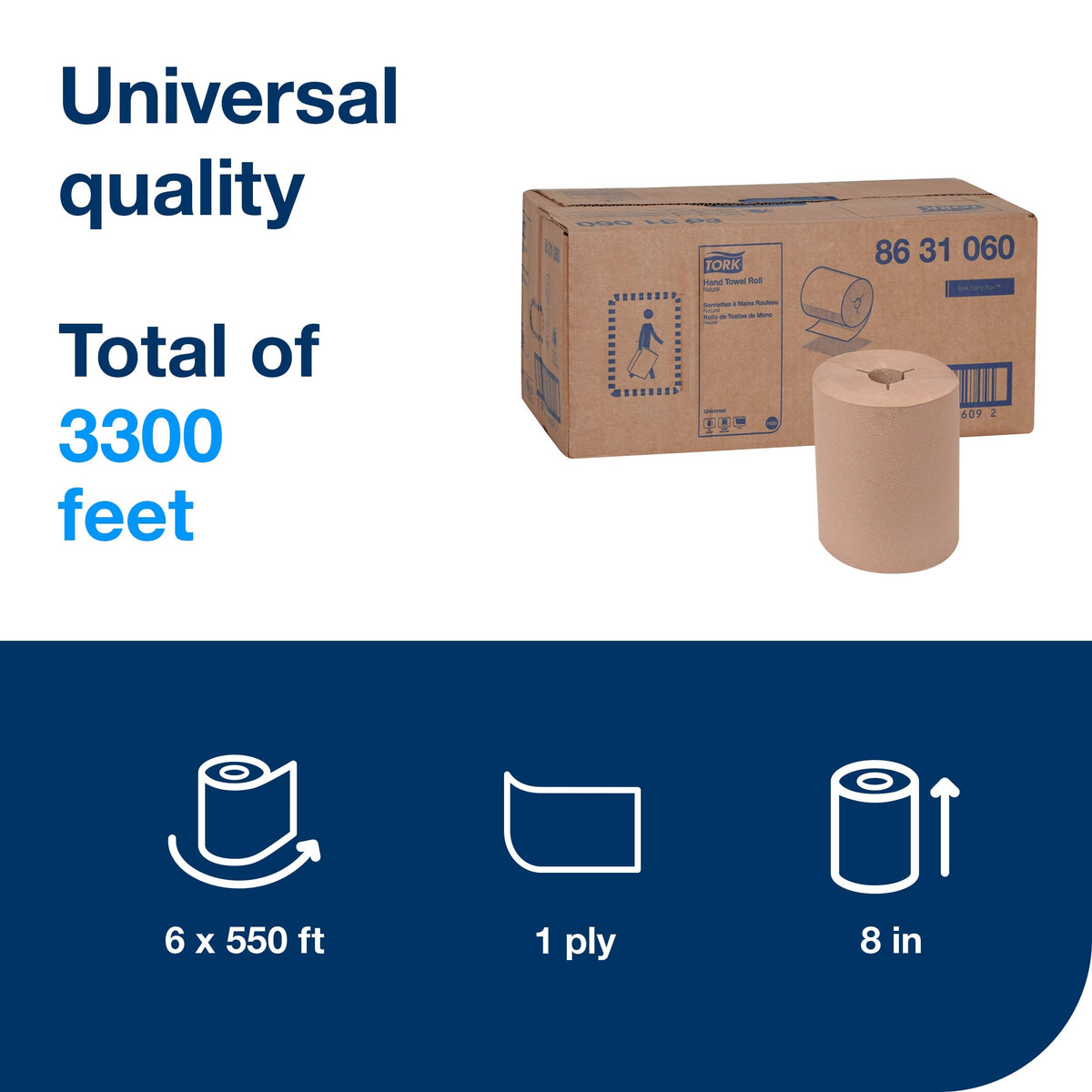Paper Towel Roll Natural H86, 6 Rolls x 550 ft, 8631060