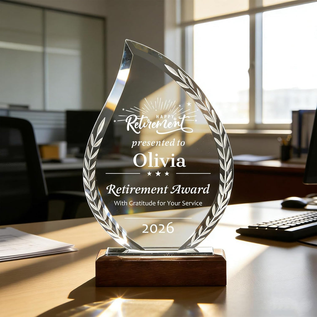SHIP NEXT DAY, Personalized Crystal Award Trophy - Custom with Company Logo Text & Employee Name, Engraved Award for