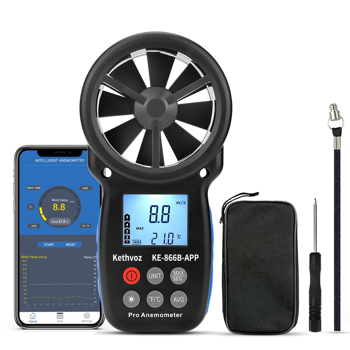 Bluetooth Anemometer Wind Speed Meter w/Data Logger, Kethvoz 866B-APP