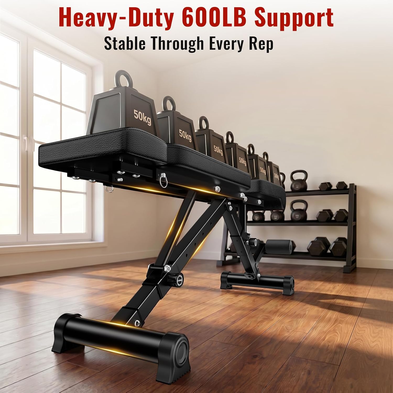 Adjustable Weight Bench, 144 Configurations with 3-Position Headrest, Foldable Workout Bench with Extended Backrest