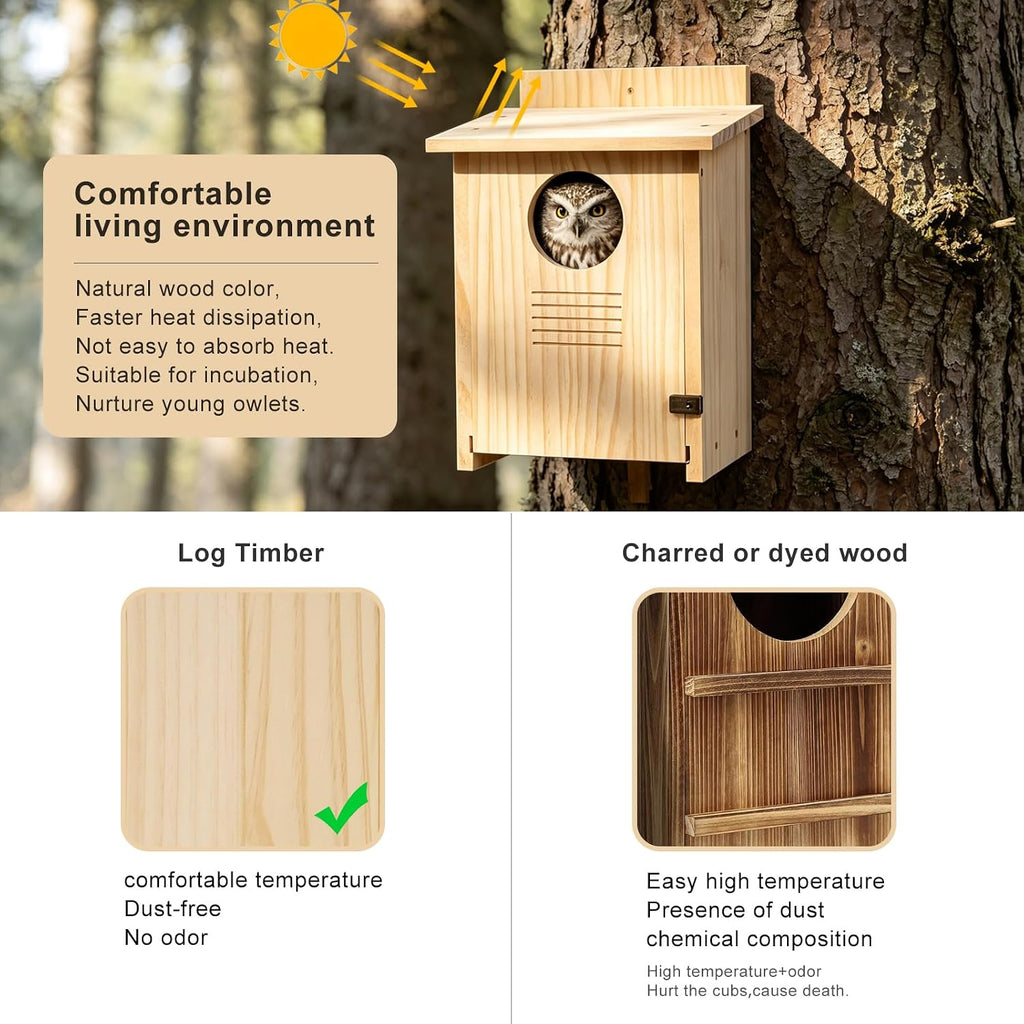 Owl House for Outdoors - Wood Owl Nesting Box for Wild Screech Owls, Waterproof & Ventilated Bird House with Predator