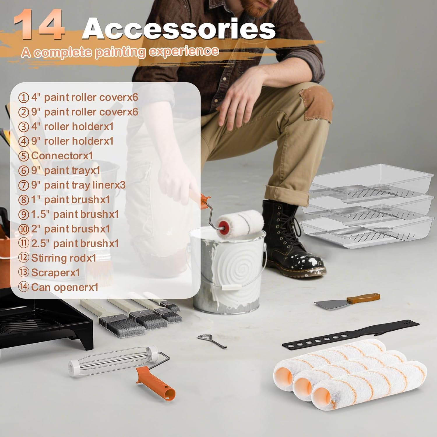 Paint Roller Kit, 27 Piece Paint Supplies, 9"4" Paint Rollers, 1-4FT Extension Pole, Paint Brushes for Walls