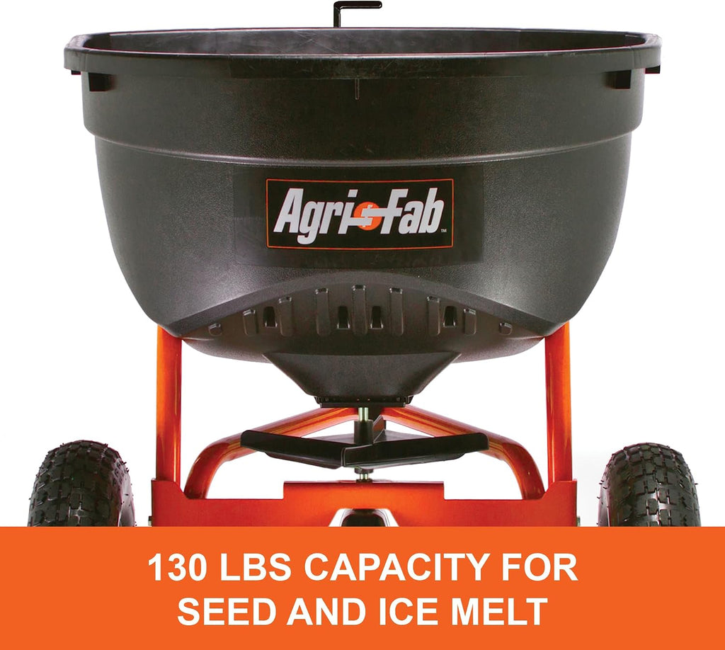 Pull Behind Broadcast Spreader for Seed, Fertilizer, Salt and Ice Melt, 130 lb Hopper Capacity with Universal Hitch