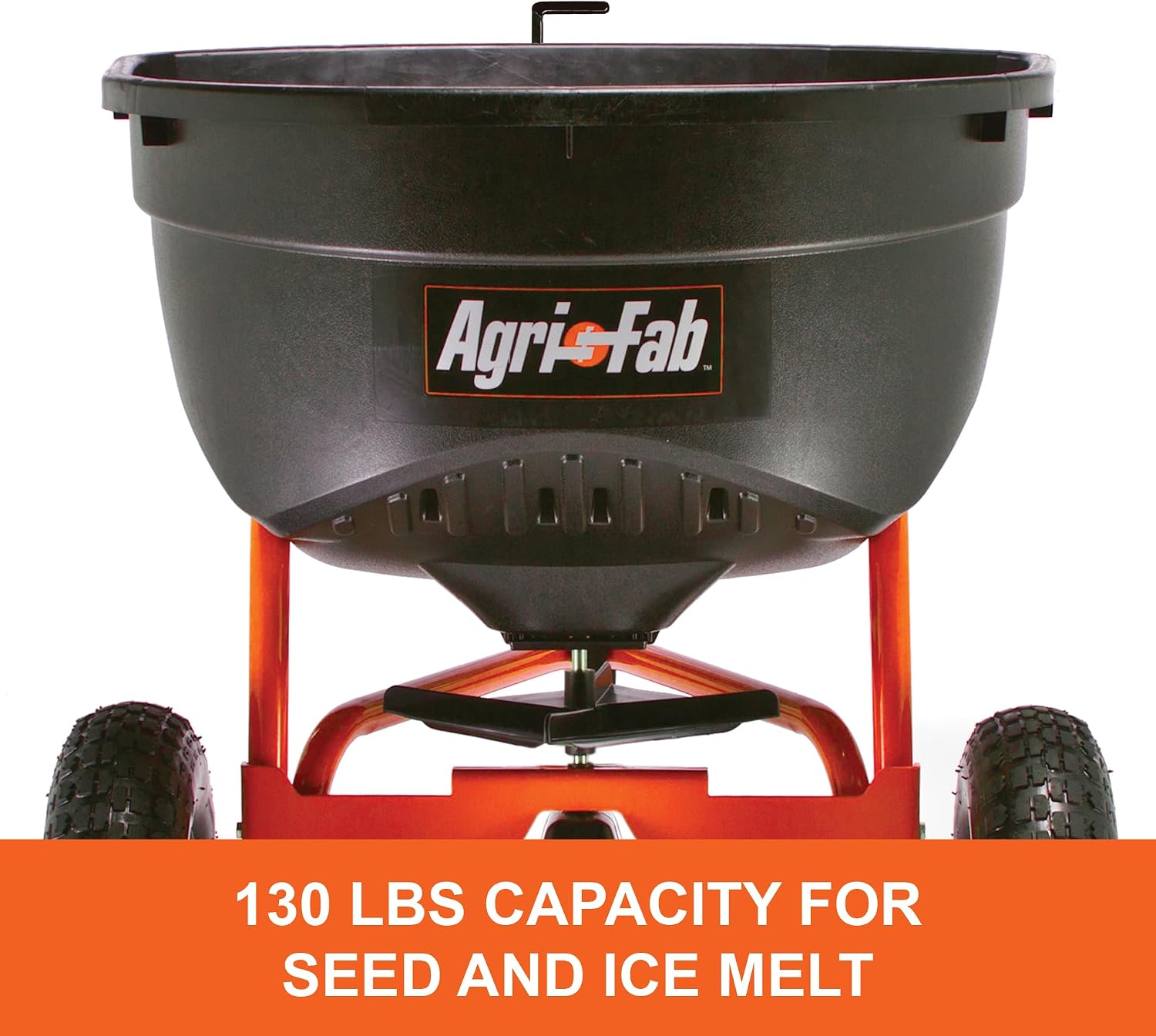 Pull Behind Broadcast Spreader for Seed, Fertilizer, Salt and Ice Melt, 130 lb Hopper Capacity with Universal Hitch