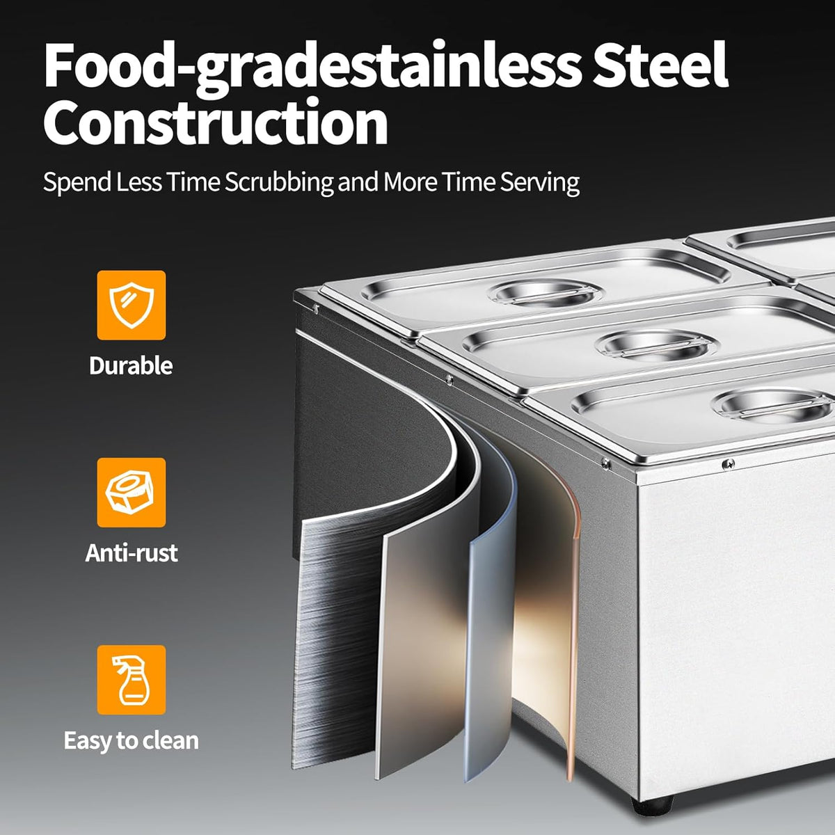 Commercial Food Warmer 48 Qt Stainless Steel Steam Table Countertop Buffet Warmer, 6-Pan 1500W Electric Bain Marie