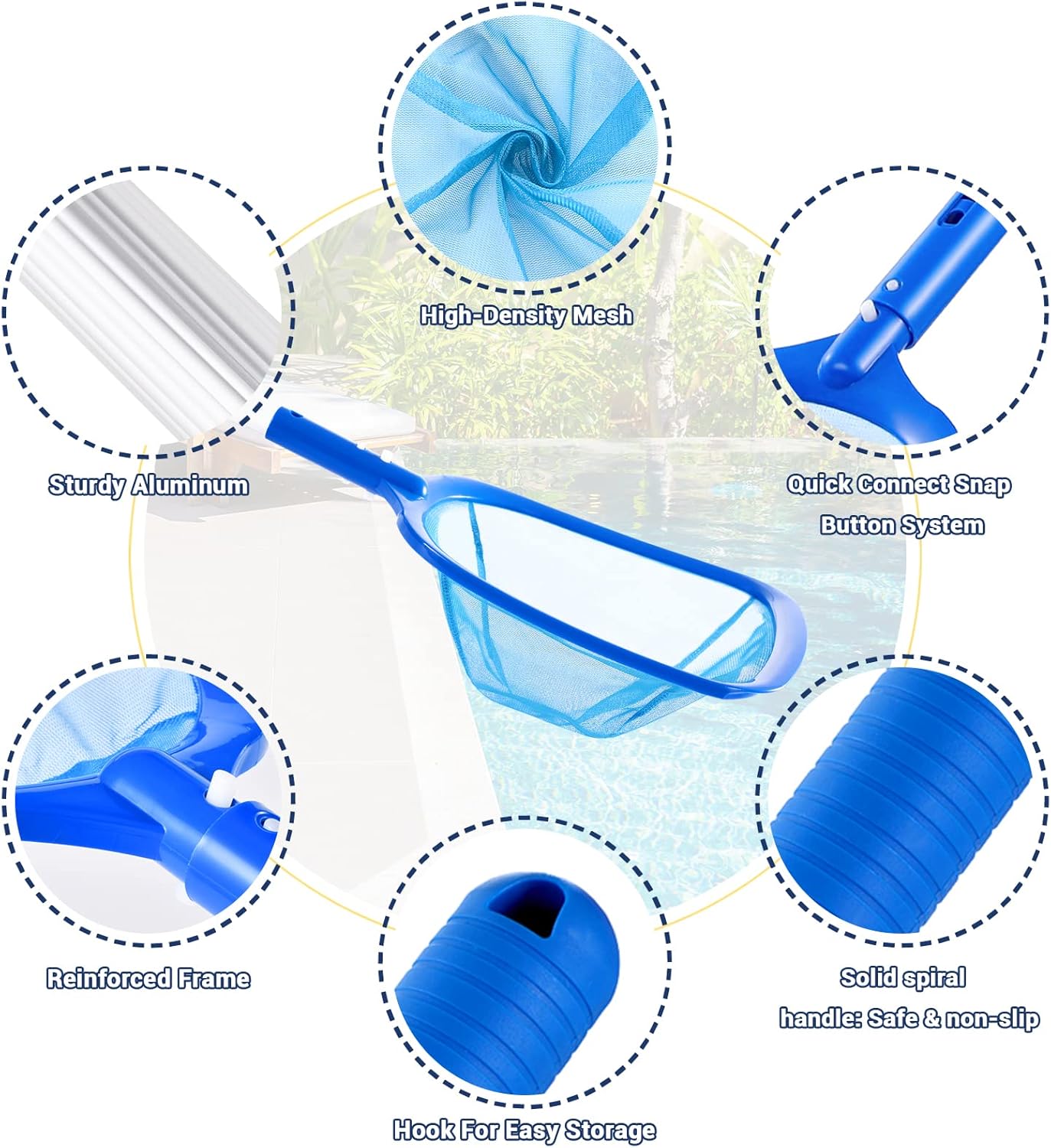 Pool Skimmer - Pool Net with 3 Section Pole, 48 inch Pool Skimmer Net with Pole Total Length, Pool Nets for Cleaning