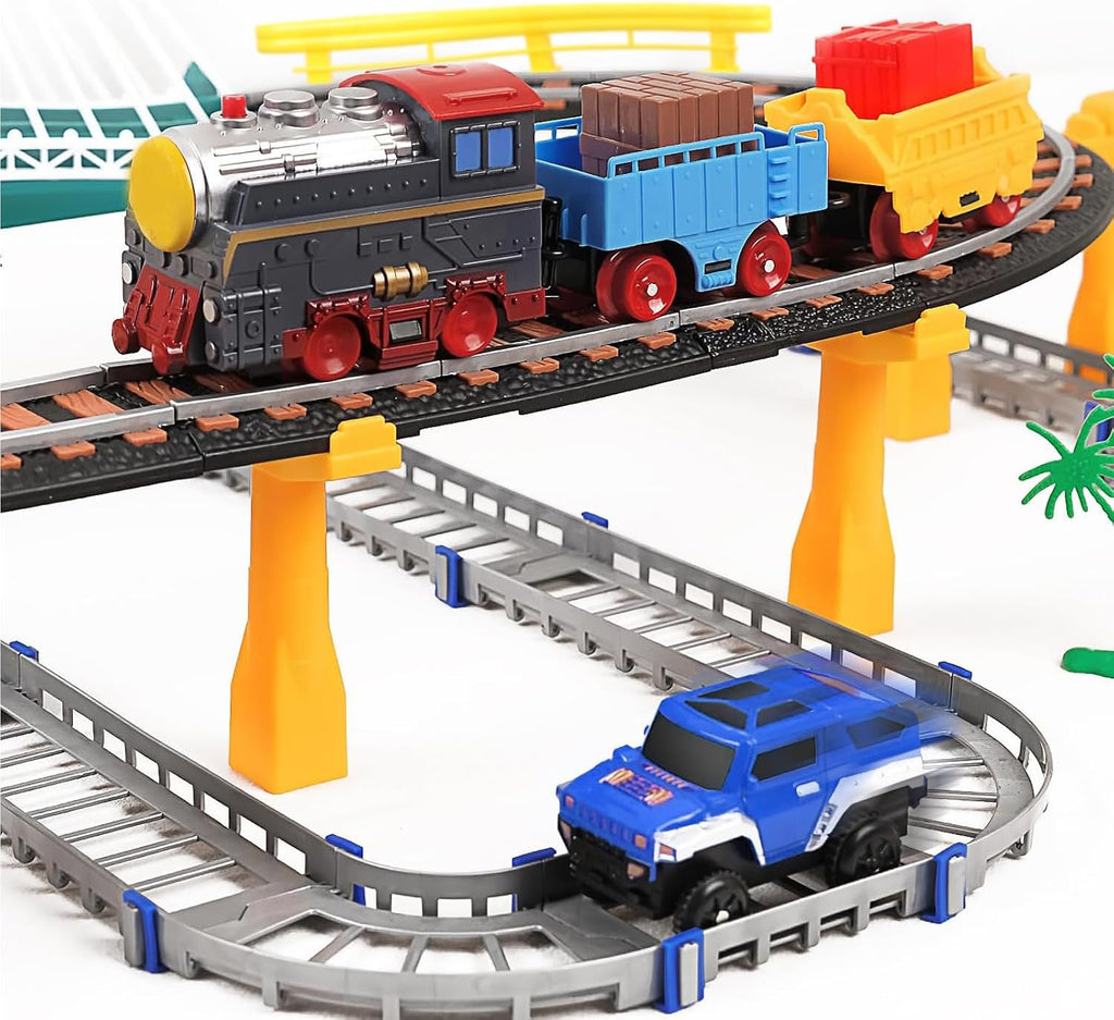 Electric Train Set for Kids Ages 4-8 with Train Tracks Set & Car Tracks Lights Up Bridge Road Sign Realistic Sound
