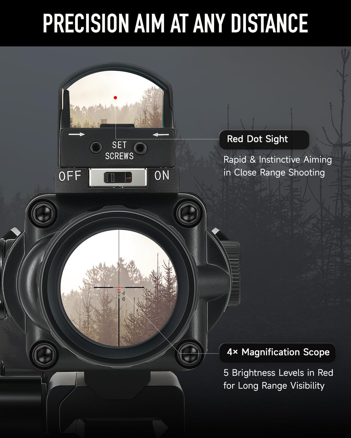 4x32 Rifle Scope with Red Dot Sight Combo, Tactical Red Illuminated Prism Scope with 5 Brightness Levels 3 MOA Red