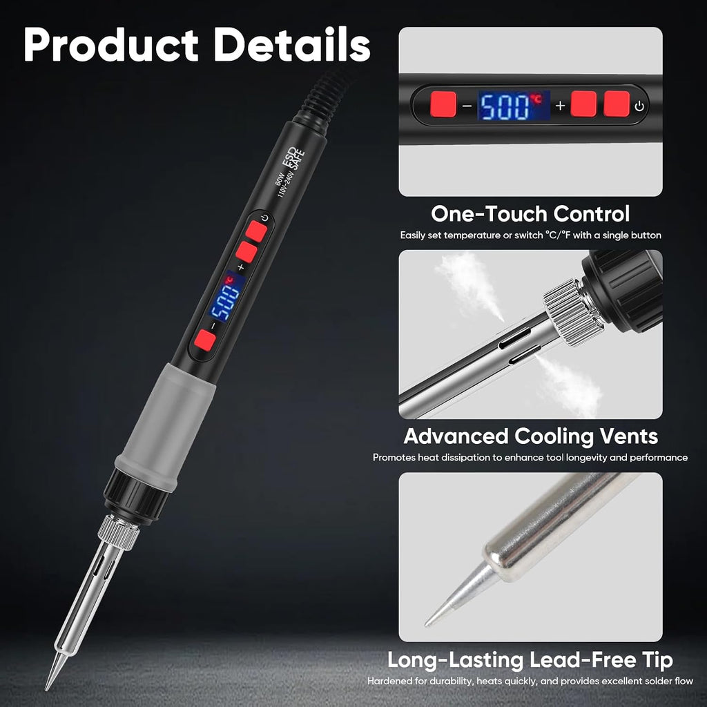Soldering Iron Kit, 60W Soldering Tools with LCD Digital Display, 180°-500°C / 356°-932°F Adjustable Temperature, 5