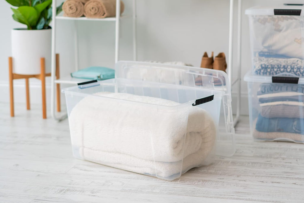 72 QT Plastic Storage Box with Lid and Latches - 4 Pack - BPA-Free, See-Through Organizing Solution, Durable Nestable