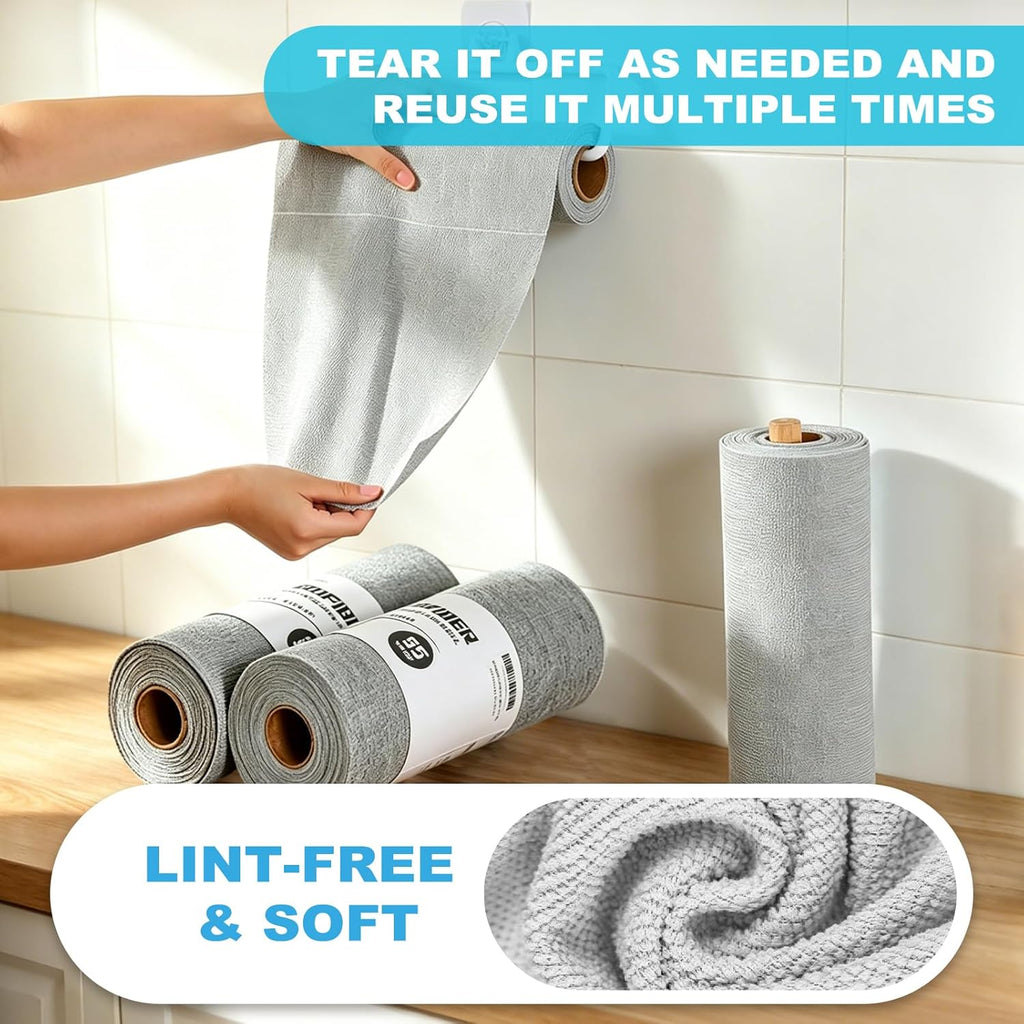 55 Pack Microfiber Cleaning Cloth Roll, Tear Away Reusable Paper Towels, 11" X 9", Ultra Absorbent & Lint Free