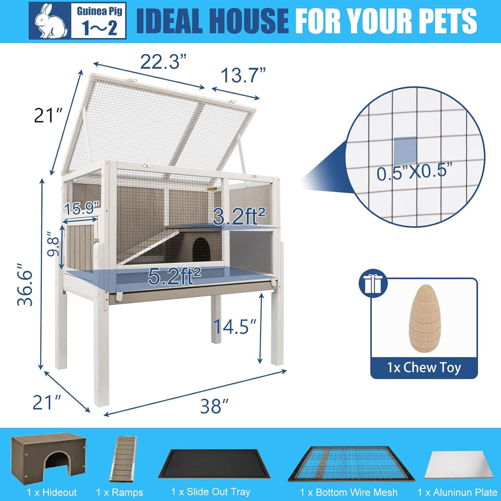 Large Wooden Guinea Pig Cage with 4 Detachable Stand Legs | Comfortable Large Living Cage, Easy Clean, Easy Assembly