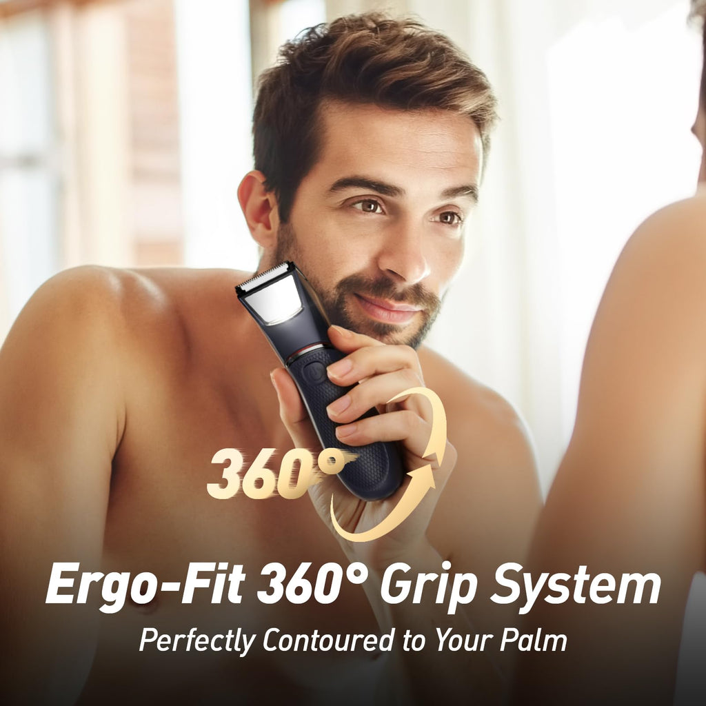Body Hair Trimmer for Men: Mirror & LED Light, IPX7 Wet or Dry