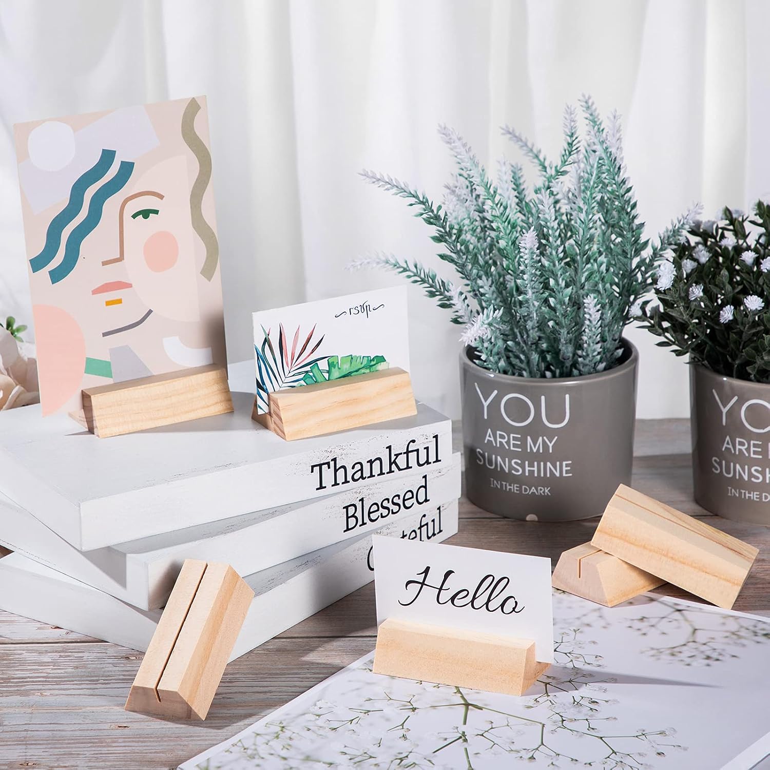 12 Pcs Wood Place Card Holders 3 x 1.57'' Trapezoidal Wooden Table Number Holder Sign Support Stand for Name Card for