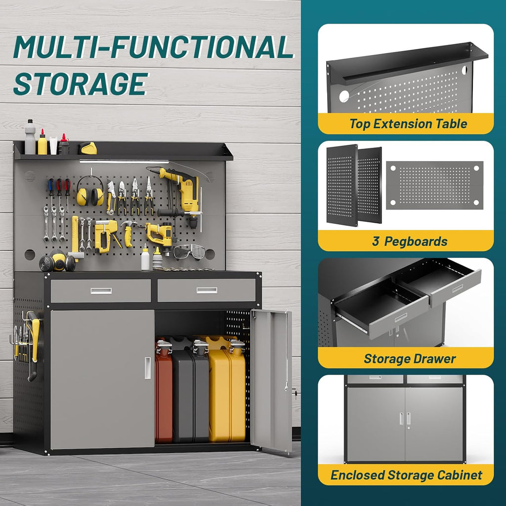 48" Heavy Duty Workbench with Drawers and Lockable Storage Cabinet- 2500 LBS Capacity Work Bench with Pegboard,Work