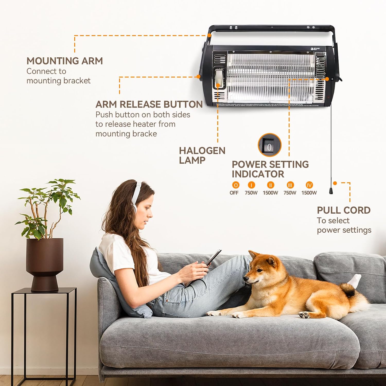 Electric Garage Heater 120V, 1500W Radiant Space Heater, 2-Pack | Ceiling Mount Space Heater with 90° Adjustable