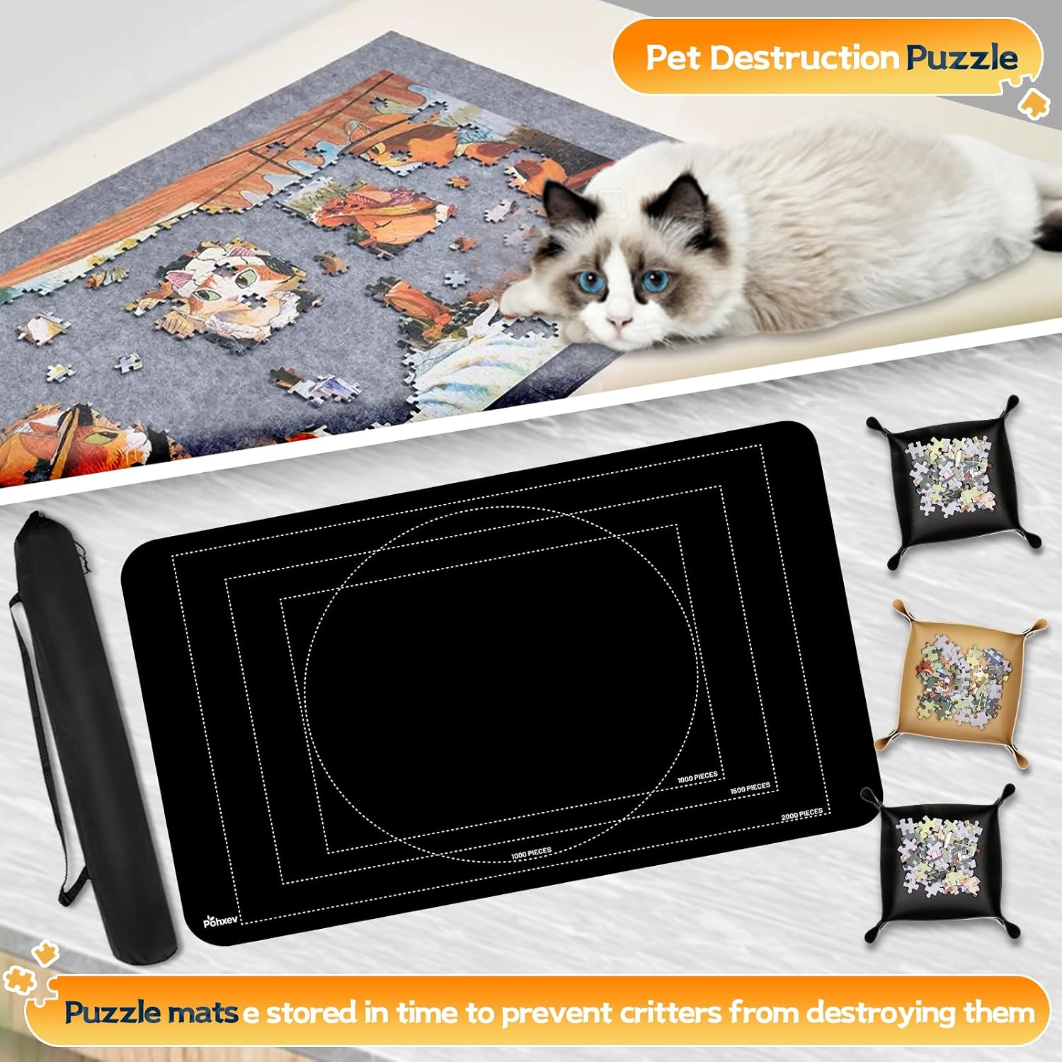 Jigsaw Puzzle Mat Roll Up, Portable Saver Pad 48” x 31” Up to 2000 Pieces, Puzzles Matt Rollup with Non-Slip Rubber