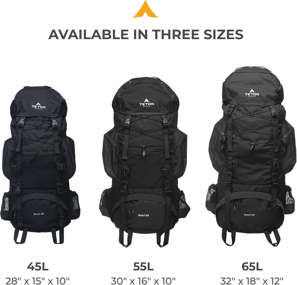 Teton 55L Scout Internal Frame Backpack for Hiking, Camping, Backpacking, Travel, Rain Cover Included, Olive