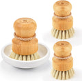 Bamboo Dish Scrub Brushes,Kitchen Wooden Cleaning Scrubbers Set for Washing Cast Iron Pan/Pot, Natural Sisal
